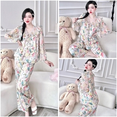 SP_199 Đồ bộ pijama BOLOBALA nữ mặc nhà quần dài áo tay dài chất lụa latin phối tơ cổ V tiểu thư rất dễ thương