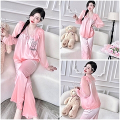 SP_199 Đồ bộ pijama BOLOBALA nữ mặc nhà quần dài áo tay dài chất lụa latin phối tơ cổ V tiểu thư rất dễ thương