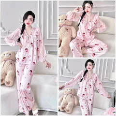SP_199 Đồ bộ pijama BOLOBALA nữ mặc nhà quần dài áo tay dài chất lụa latin phối tơ cổ V tiểu thư rất dễ thương