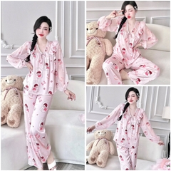 SP_199 Đồ bộ pijama BOLOBALA nữ mặc nhà quần dài áo tay dài chất lụa latin phối tơ cổ V tiểu thư rất dễ thương