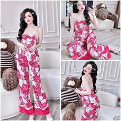 SP_200 Đồ bộ pijama BOLOBALA nữ mặc nhà quần dài áo dây phối ren thắt nơ eo tạo điểm nhấn chất lụa latin mẫu mới