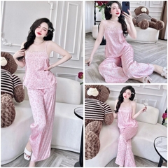SP_200 Đồ bộ pijama BOLOBALA nữ mặc nhà quần dài áo dây phối ren thắt nơ eo tạo điểm nhấn chất lụa latin mẫu mới