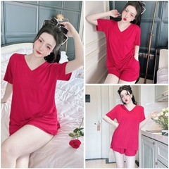 SP_206 Đồ bộ thun BOLOBALA nữ mặc nhà quần đùi áo tay ngắn cổ tim chất thun dẻo lạnh áo xẻ tà mềm mát