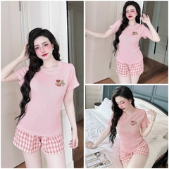 SP_208 Đồ bộ pijama BOLOBALA nữ mặc nhà quần đùi caro bố áo tay ngắn chất thun tăm xịn đẹp