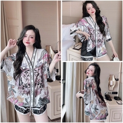 SP_218 Đồ bộ pijama BOLOBALA nữ mặc nhà quần đùi áo tay ngắn cánh dơi chất lụa latin cổ Y hoạ tiết xinh yêu