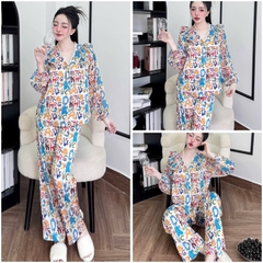 Đồ bộ pijama nữ tiểu thư Bolobala, bộ ngủ lụa mặc nhà SP243 quần dài áo tay dài phối tơ cổ V dễ thương