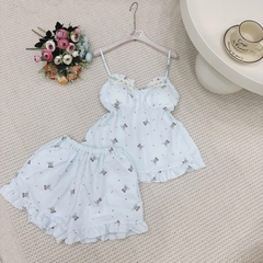 Bộ đồ mặc nhà nữ SP211 chất đũi xốp quần đùi áo 2 dây, hoạ tiết dễ thương
