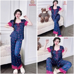 SP_220 Đồ bộ pijama BOLOBALA nữ mặc nhà quần dài áo tay ngắn cổ vuông phối nơ tiểu thư chất lụa latin dễ thương