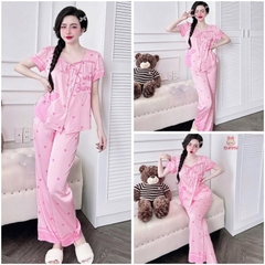 SP_220 Đồ bộ pijama BOLOBALA nữ mặc nhà quần dài áo tay ngắn cổ vuông phối nơ tiểu thư chất lụa latin dễ thương
