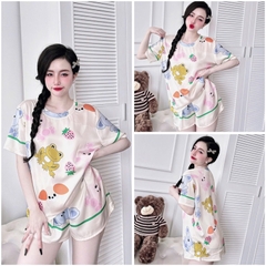 SP_221 Đồ bộ pijama BOLOBALA nữ mặc nhà quần đùi áo tay ngắn cổ tròn chất lụa latin hoạ tiết dễ thương