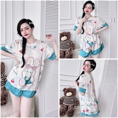 SP_221 Đồ bộ pijama BOLOBALA nữ mặc nhà quần đùi áo tay ngắn cổ tròn chất lụa latin hoạ tiết dễ thương