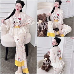SP_226 Đồ bộ pijama BOLOBALA nữ mặc nhà quần dài áo tay lỡ phom peplum đính 3 nơ chất lụa latin hoạ tiết siêu xinh