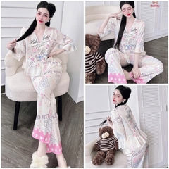 SP_226 Đồ bộ pijama BOLOBALA nữ mặc nhà quần dài áo tay lỡ phom peplum đính 3 nơ chất lụa latin hoạ tiết siêu xinh
