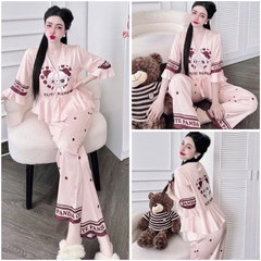 SP_226 Đồ bộ pijama BOLOBALA nữ mặc nhà quần dài áo tay lỡ phom peplum đính 3 nơ chất lụa latin hoạ tiết siêu xinh