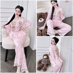 SP_226 Đồ bộ pijama BOLOBALA nữ mặc nhà quần dài áo tay lỡ phom peplum đính 3 nơ chất lụa latin hoạ tiết siêu xinh