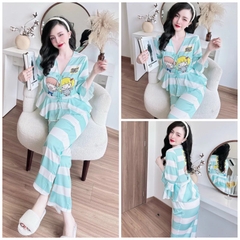 SP_226 Đồ bộ pijama BOLOBALA nữ mặc nhà quần dài áo tay lỡ phom peplum đính 3 nơ chất lụa latin hoạ tiết siêu xinh