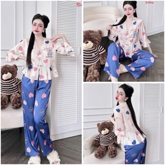 SP_226 Đồ bộ pijama BOLOBALA nữ mặc nhà quần dài áo tay lỡ phom peplum đính 3 nơ chất lụa latin hoạ tiết siêu xinh