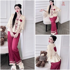 SP_226 Đồ bộ pijama BOLOBALA nữ mặc nhà quần dài áo tay lỡ phom peplum đính 3 nơ chất lụa latin hoạ tiết siêu xinh