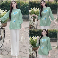 Bộ Lam đi Chùa, Pháp Phục lễ Chùa lụa Bolobala, áo tay lỡ chất gấm in Sen quần lụa lạnh cao cấp SP_230