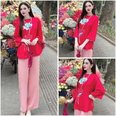 Bộ Lam đi Chùa, Pháp Phục lễ Chùa lụa Bolobala, áo tay lỡ chất gấm in Sen quần lụa lạnh cao cấp SP_230