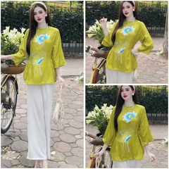 Bộ Lam đi Chùa, Pháp Phục lễ Chùa lụa Bolobala, áo tay lỡ chất gấm in Sen quần lụa lạnh cao cấp SP_230