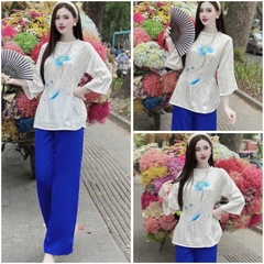 Bộ Lam đi Chùa, Pháp Phục lễ Chùa lụa Bolobala, áo tay lỡ chất gấm in Sen quần lụa lạnh cao cấp SP_230