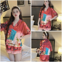 Bộ pijama nữ lụa latin Bolobala, đồ bộ mặc nhà lụa quần đùi áo tay ngắn cánh dơi SP_235 hoạ tiết TẾT Ất Tỵ rực rỡ