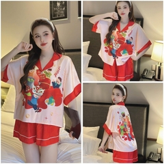 Bộ pijama nữ lụa latin Bolobala, đồ bộ mặc nhà lụa quần đùi áo tay ngắn cánh dơi SP_235 hoạ tiết TẾT Ất Tỵ rực rỡ