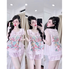 Đồ bộ nữ tiểu thư Bolobala mặc nhà lụa latin SP_260 quần đùi áo tay cánh tiên điệu đà, tay bo, cột nơ nữ tính