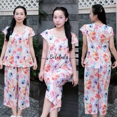 Đồ bộ tole lanh BOLOBALA mặc nhà TL03 quần lỡ áo cổ tròn cánh tiên mẫu quốc dân, hoạ tiết hoa siêu xinh