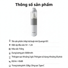 Máy hút bụi mini không dây Quange V01 – Máy hút bụi cầm tay lực hút mạnh 4000Pa – Pin 5000mAh – Dùng cho ô tô và gia đình