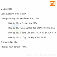 Ổ cắm điện Xiaomi Zmi CX05 6 cổng AC 2 cổng USB sạc nhanh tối đa 18W dài 1.8m