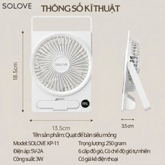 Quạt Tích Điện Để Bàn Siêu Mỏng SOLOVE KP-11 với 6 Cấp Độ Gió, Màn Hình LCD, Tích Hợp Giá Đỡ Điện Thoại