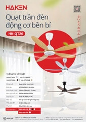 Quạt trần đèn DC 56inch, 5 cánh, động cơ DC 55W, đèn 24W, màu gỗ trắng, HK-QT26WB
