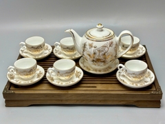 Bộ ấm trà men trắng phù dung gốm chu đậu vẽ vàng 24k