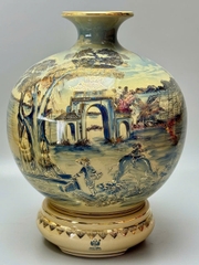 Bình hút tài lộc H35 vs H40 làng quê sơn thủy hữu tình vân mây xanh coban gốm Chu Đậu vẽ vàng 24k