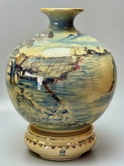 Bình hút tài lộc H35 vs H40 làng quê sơn thủy hữu tình vân mây xanh coban gốm Chu Đậu vẽ vàng 24k