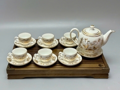 Bộ ấm trà men trắng phù dung gốm chu đậu vẽ vàng 24k