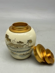 Hộp đựng trà cảnh đồng quê cao 13cm gốm Chu Đậu vẽ vàng 24k