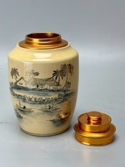 Hộp Đựng Trà Cảnh Làng Quê Cao 18cm Gốm Chu Đậu Vẽ Vàng