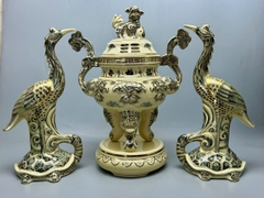 Bộ đỉnh hạc tai mây gốm Chu Đậu vẽ vàng 24k