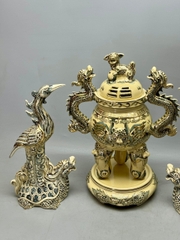 Lư hương đỉnh hạc cao 52cm vẽ vàng 24k gốm Chu Đậu
