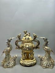 Lư hương đỉnh hạc cao 52cm vẽ vàng 24k gốm Chu Đậu