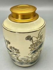 Hộp Đựng Trà Hoạ Tiết Hoa Sen Cao 18cm Gốm Chu Đậu Vẽ Vàng