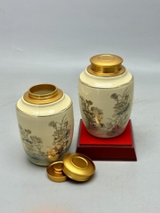 Hũ đựng trà hoa sen cao 18cm gốm Chu Đậu vẽ vàng 24k