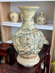 Bình phú quý Cá Chép Hóa Rồng đắp nổi vân mây vẽ vàng 24k gốm Chu Đậu