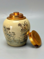 Hộp Đựng Trà Hoạ Tiết Hoa Sen Cao 13cm Gốm Chu Đậu Vẽ Vàng