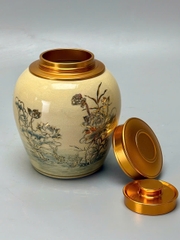 Hộp Đựng Trà Hoạ Tiết Hoa Sen Cao 13cm Gốm Chu Đậu Vẽ Vàng