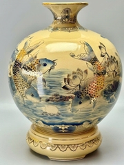 Bình hút tài lộc H35 vs H40 cá chép hoa sen xanh coban gốm Chu Đậu vẽ vàng 24k