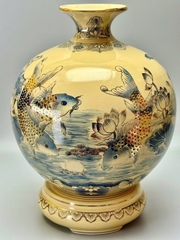 Bình hút tài lộc H35 vs H40 cá chép hoa sen xanh coban gốm Chu Đậu vẽ vàng 24k